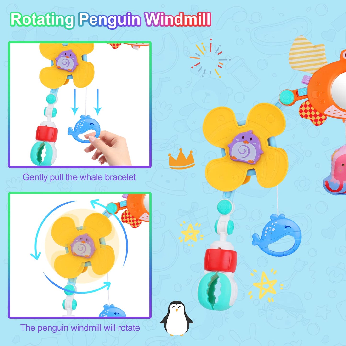 Yusvwkj ocean-themed baby mobile with colorful toys hanging on a pram arch for newborn and toddler sensory play and crib decor.