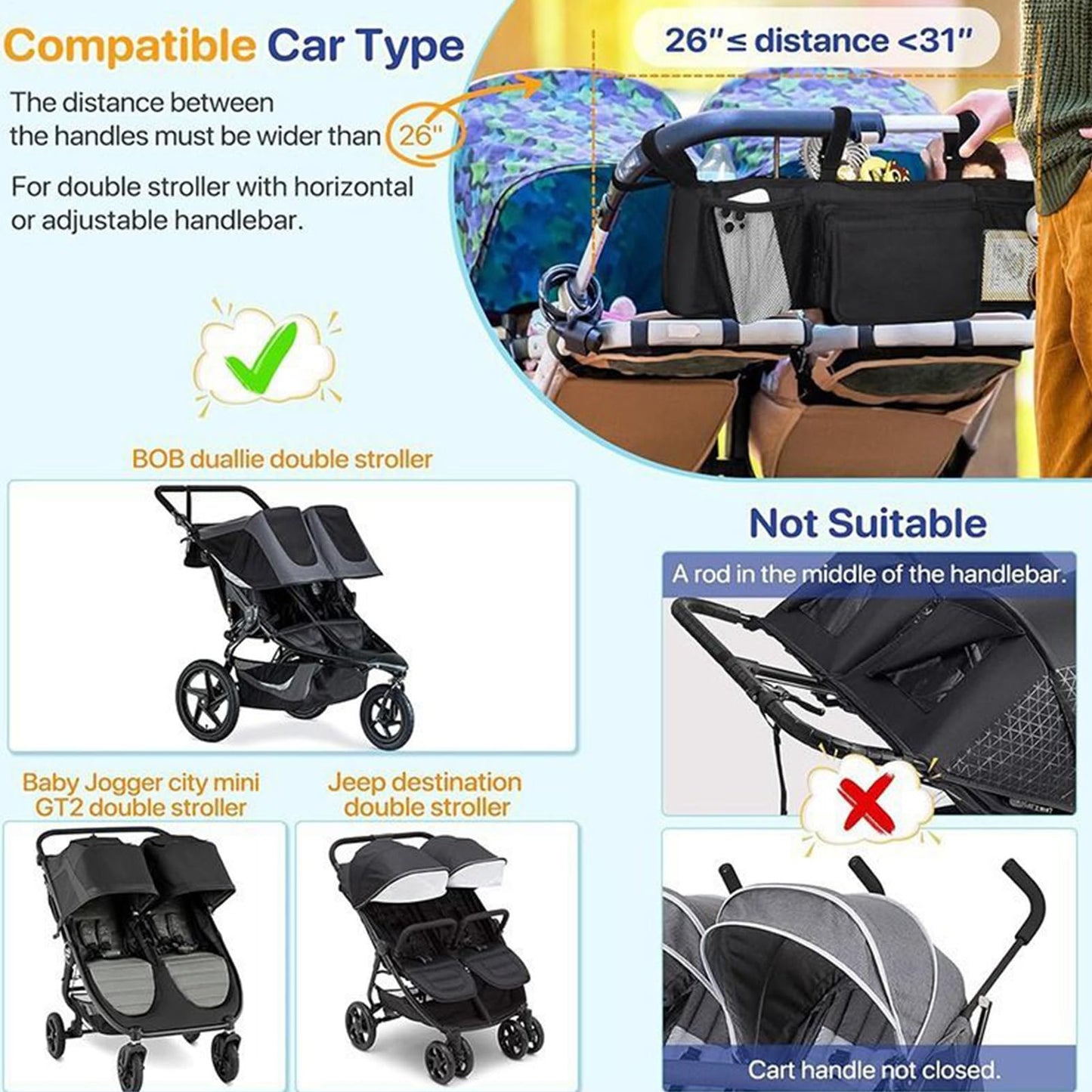 Double Stroller Organizer - Spacious Water Proof Organization with 3 Compartments | Baby Stroller Organizers,for Daily Baby Parents Home Outdoor Camping Walking Home