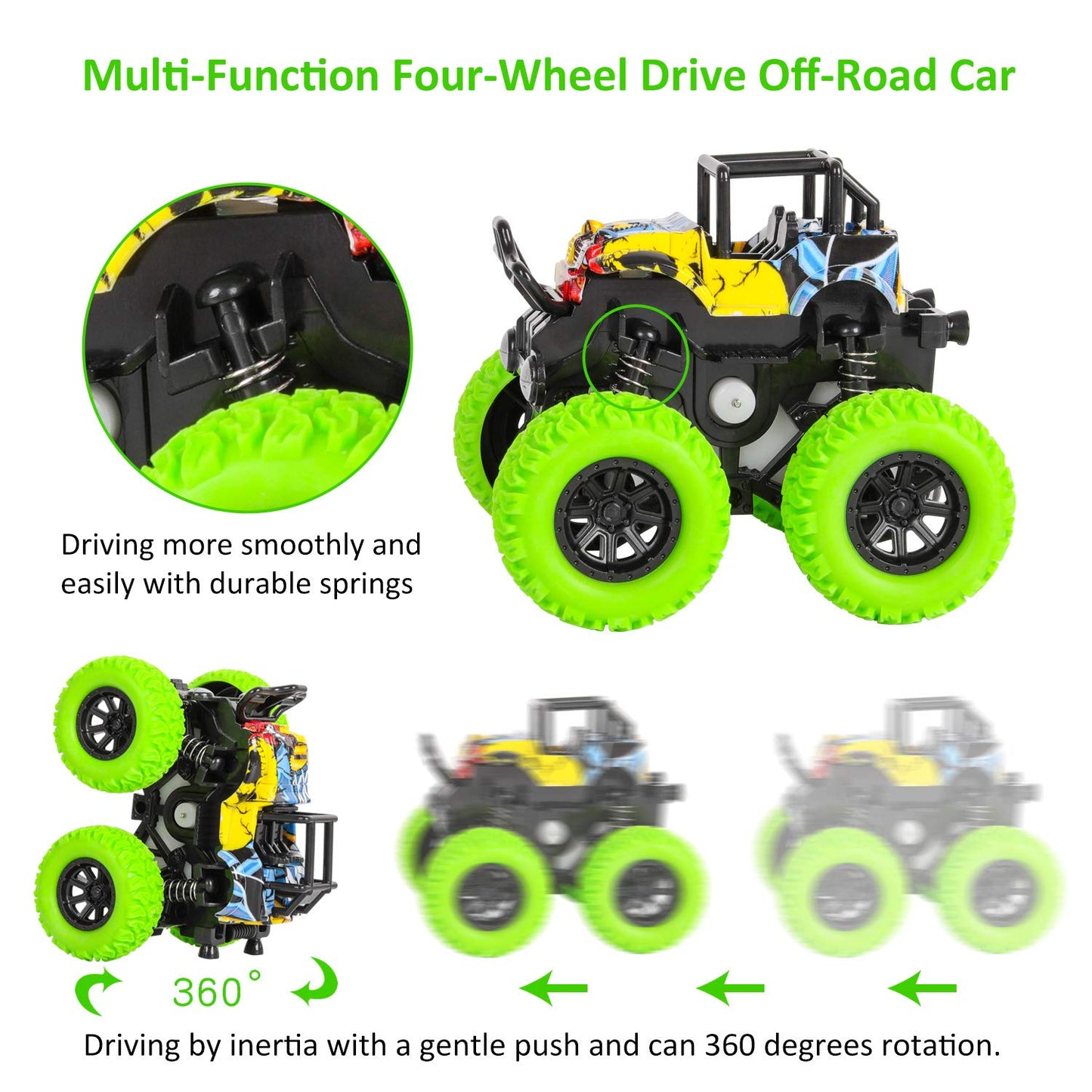 m zimoon Monster Truck, 4pcs Inertia Toy Cars 360° Rotation Friction Powered Off-road Vehicles Pull back car Christmas Birthday Gifts for 3/4/5/6 Years Old Toddlers Boys Girls