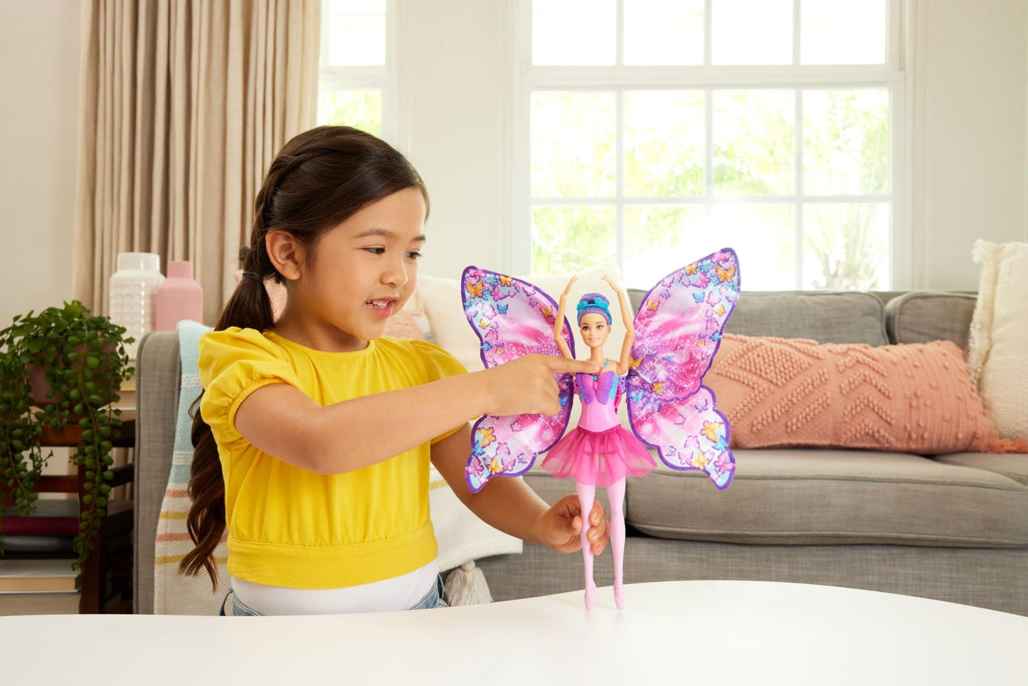 Barbie Dance and Flutter Doll with 2-in-1 Transformation from Dancer to Butterfly with Opening Wings, Purple Hair, Headpiece & Removable Tutu, HXJ10