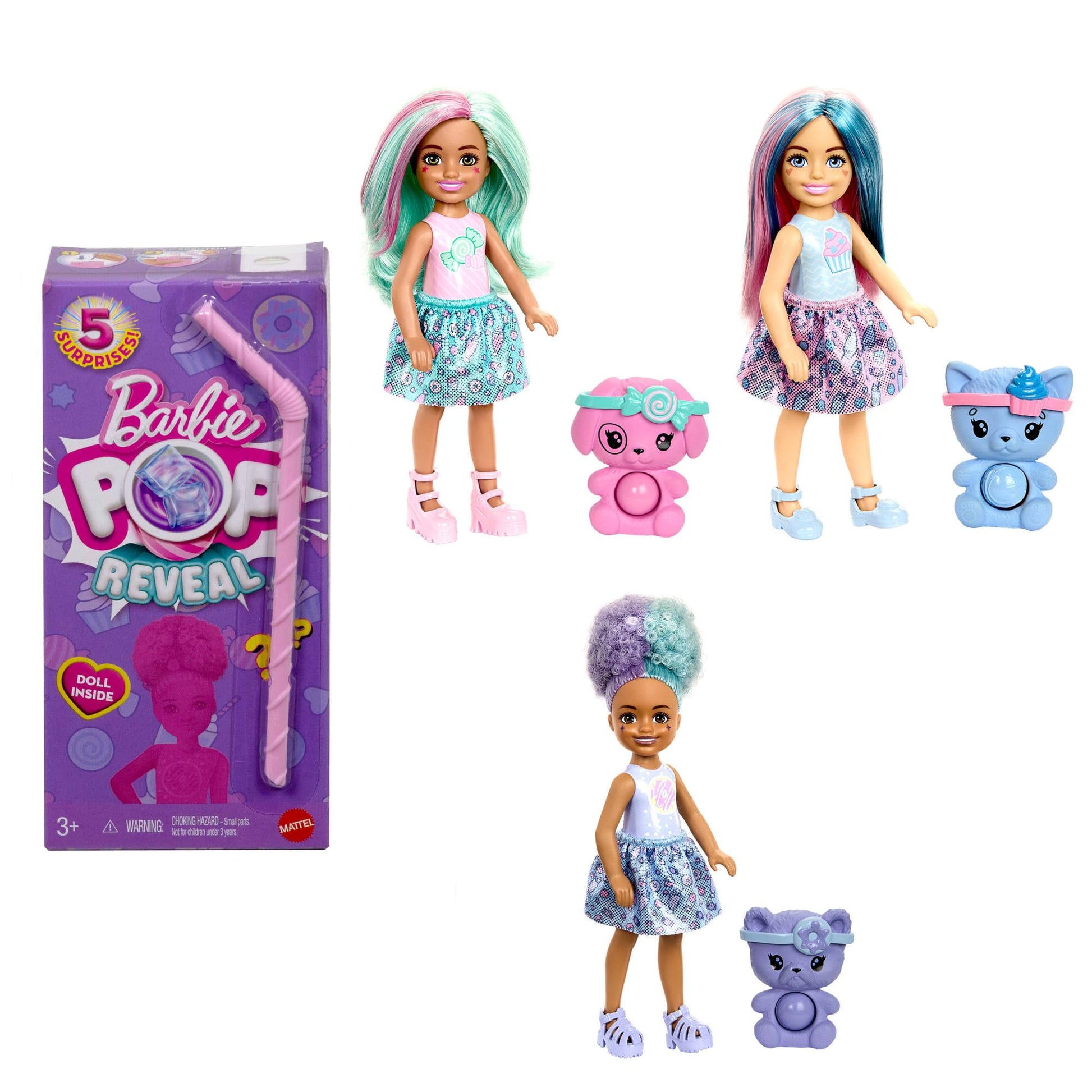 Barbie Chelsea Pop Reveal Doll Set with scented small doll, pop-it pet, and color-changing features, part of the Treat Series.