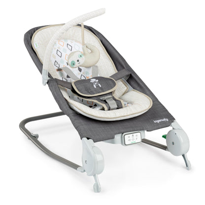 Ingenuity Happy Belly Rock-to-Bounce Seat, Music, Vibration, Detachable Toy Bar, Plush Sloth Toy, for Ages 0-6 Months, Grey - Parker