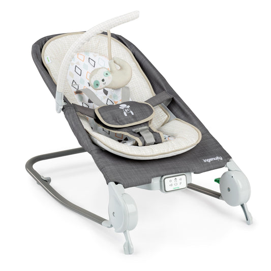 Ingenuity Happy Belly Rock-to-Bounce Seat, Music, Vibration, Detachable Toy Bar, Plush Sloth Toy, for Ages 0-6 Months, Grey - Parker