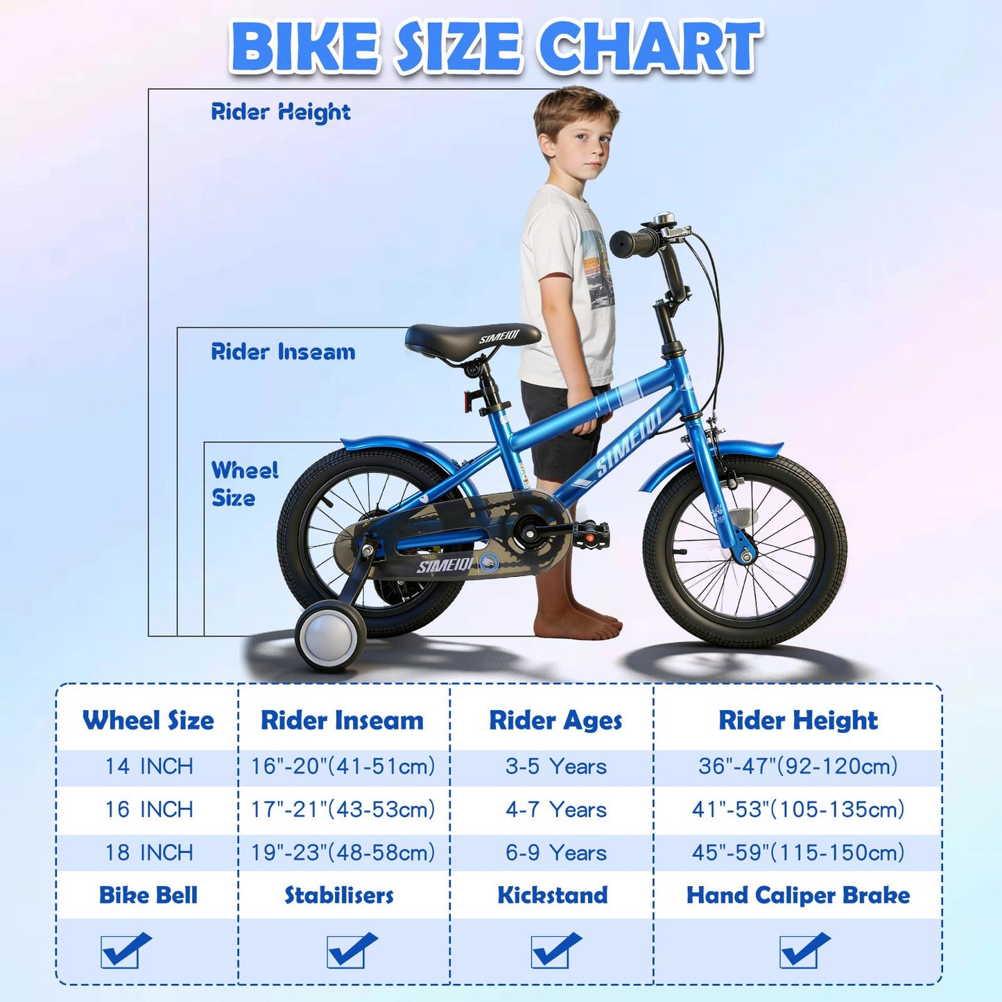 SIMEIQI kids bike in 14, 16, 18 inches with stabilisers, kickstand, dual handbrakes, and adjustable seat for 3-9 years.