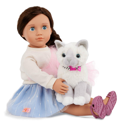 18-inch Our Generation doll Mindy with her kitten Pepper, featuring doll accessories and a plush cat toy.