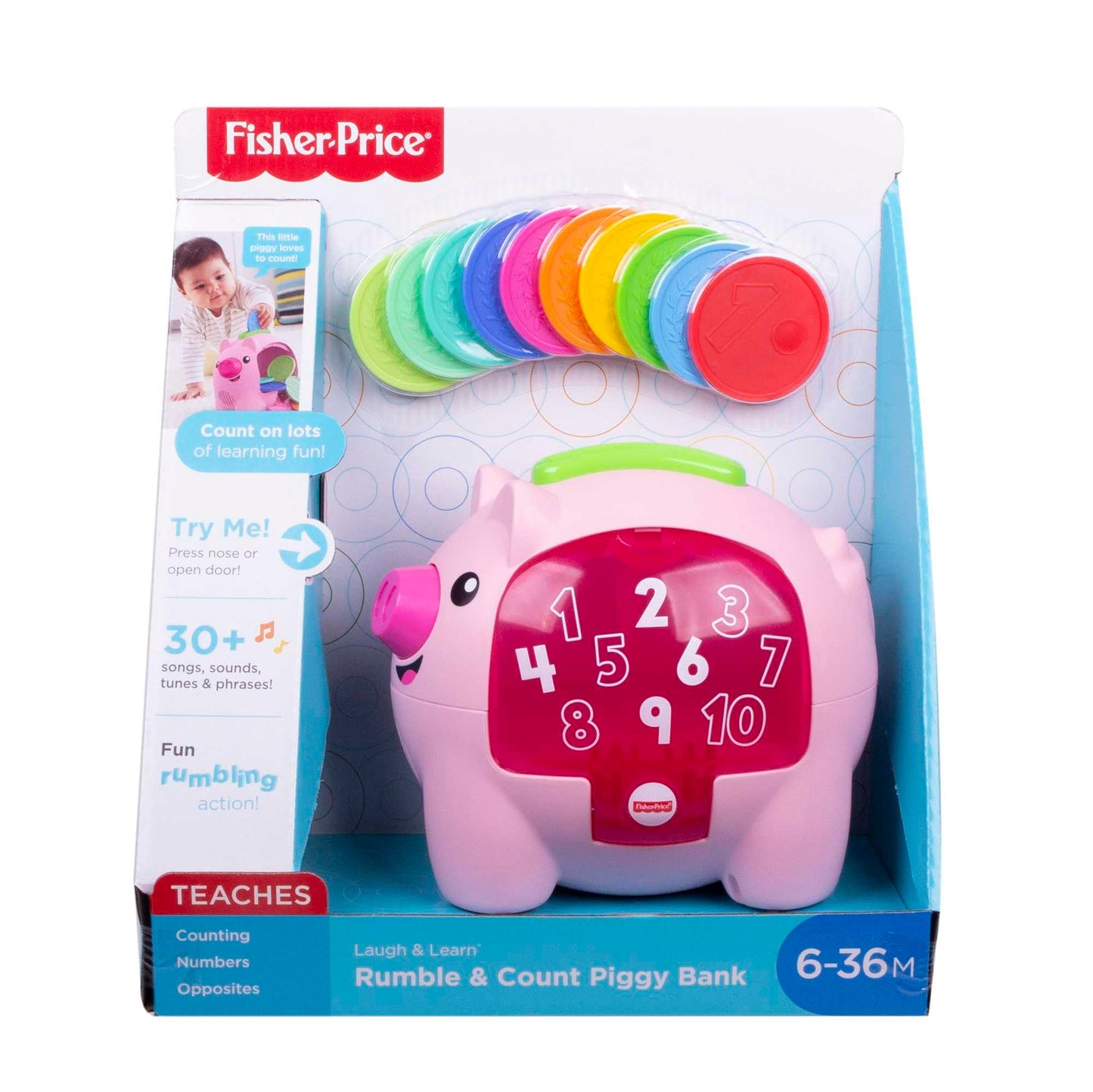 Fisher-Price Laugh & Learn Count & Rumble Piggy Bank musical baby toy with colorful design and fun motion features.