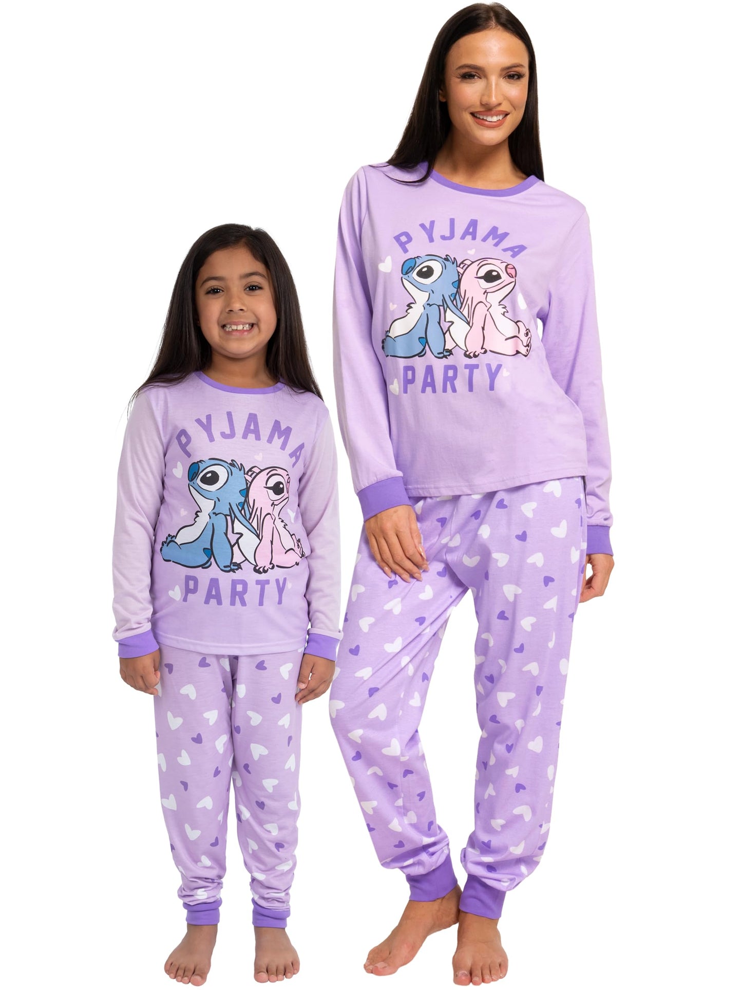 Disney Lilo and Stitch girls' matching purple pajamas featuring Stitch and Angel, suitable for ages 6-7 years.