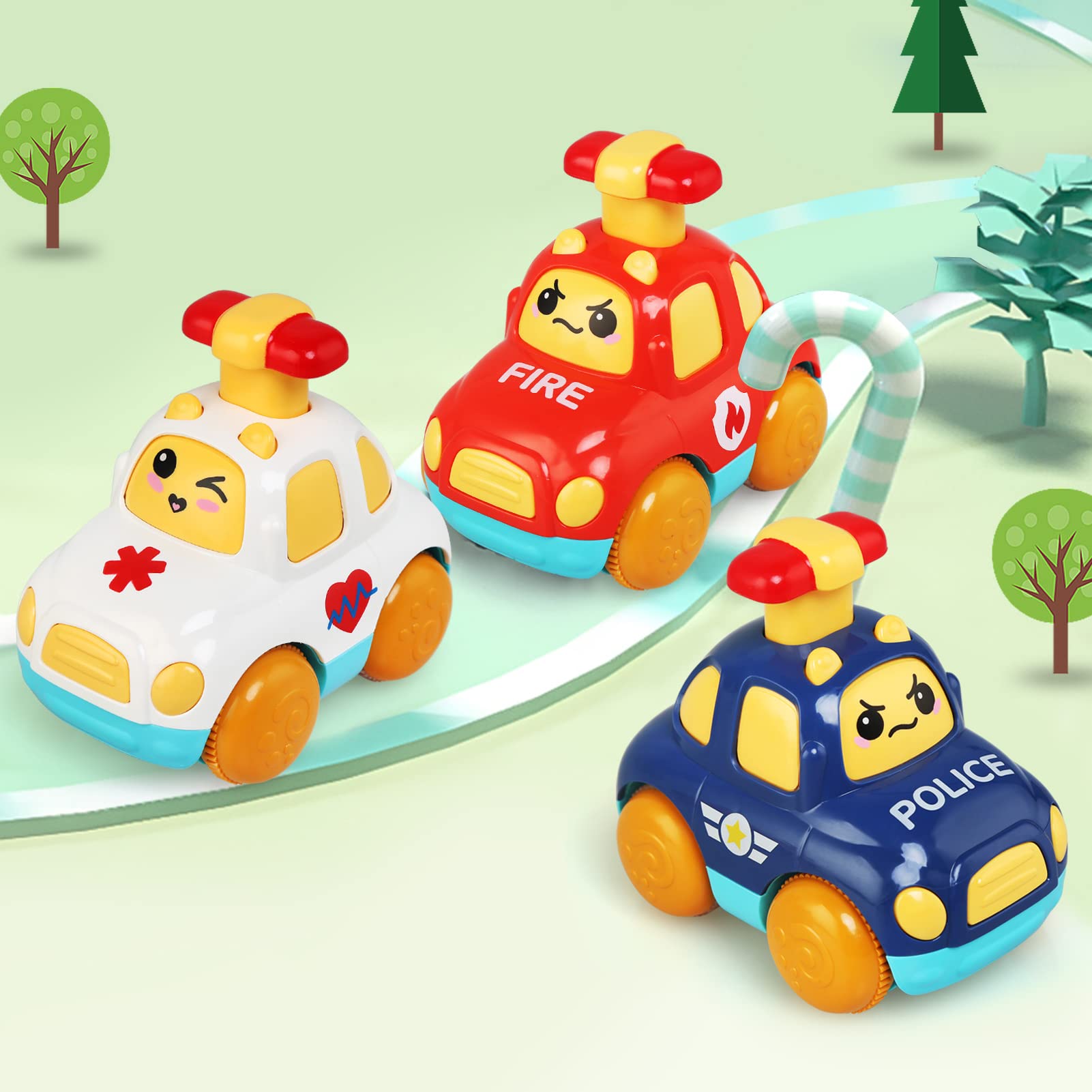 LEADSTAR cartoon wind-up baby toy cars in vibrant colors, designed for toddlers aged 1-3 years old.