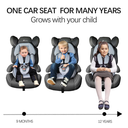 Alivio adjustable car seat for toddlers and children with padded fabric, 3-layer headrest, soft recline, and secure harness system.