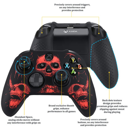Red YoRHa laser carving silicone skin for Xbox Series X/S controller with 8 black pro thumb grips attached.