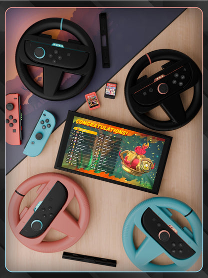 Set of four Orzly racing steering wheel attachments for Nintendo Switch Joy-Con, including black, blue, and red colors for racing games.