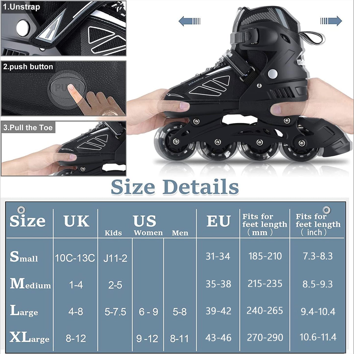 Wheelive Adjustable Inline Skates for Kids, Performance Roller Skates with Full Light Up Wheels Ideal for Boys, Girls, Beginners, Adults