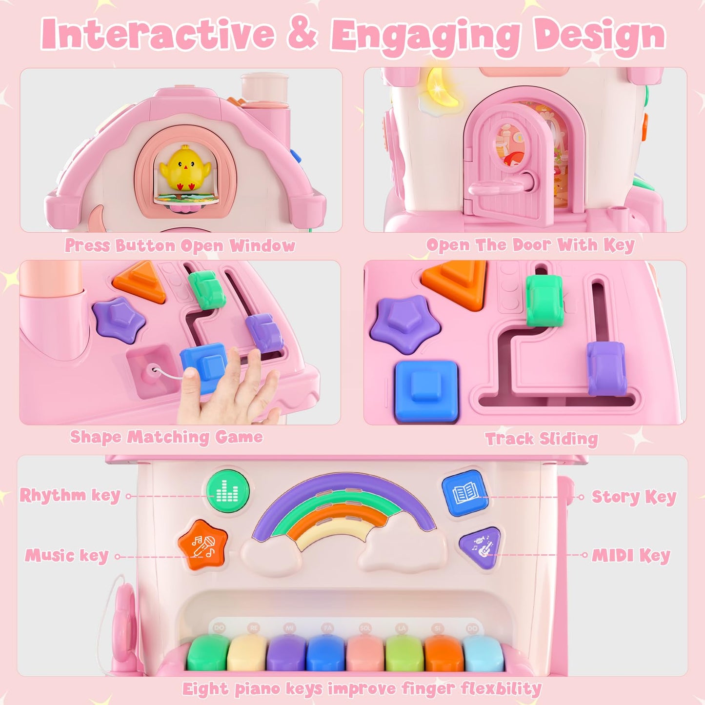 HYES Toys for 1 Year Old Girls, Montessori Educational Toy, 8 in 1 Multi Function Activity House Baby Toy with Music/Car/Clock/Phone/Light, Sensory Toys Birthday Gifts for Baby 1-2 Years