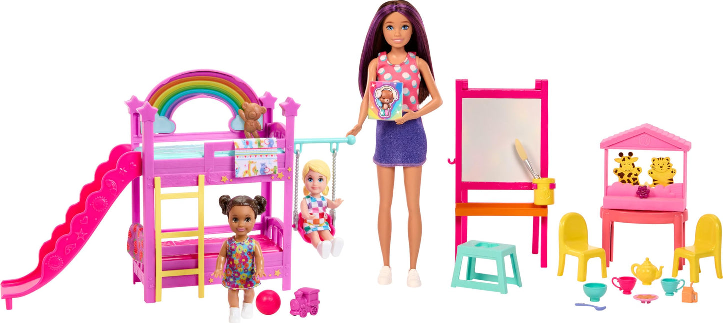Barbie Skipper Ultimate Daycare Playset with dolls, furniture, bunk beds, and color-change easel in a colorful scene.