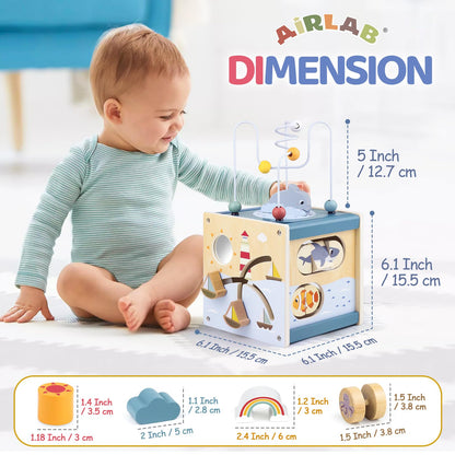 Airlab wooden activity cube with bead maze, shape sorter, and sensory features for toddlers aged 1 year and up.