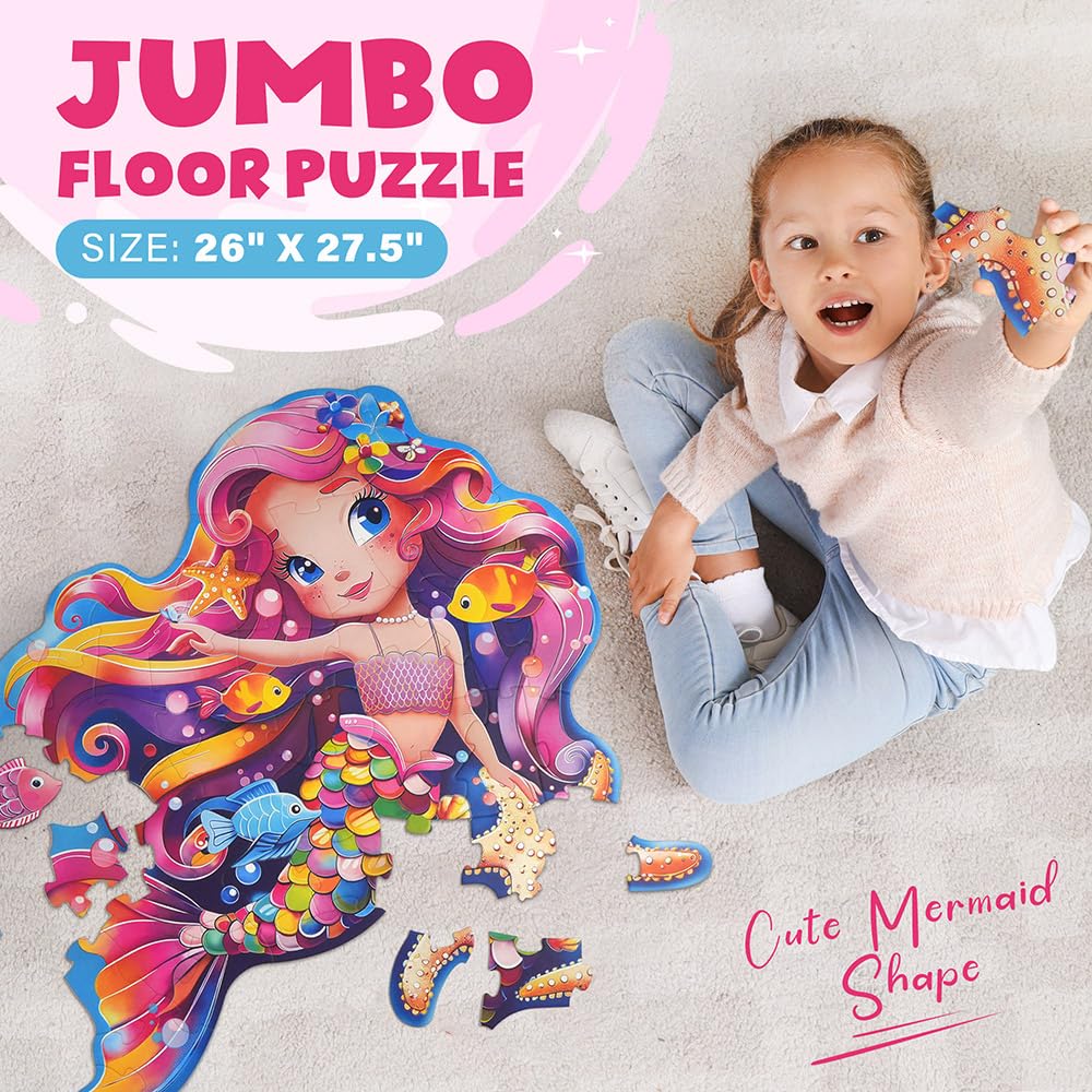 BenBen Large Floor Puzzles for Kids, 52 Pieces, 70 x 66 cm Jigsaw Puzzle for Children Age 3 Years Up, Educational Toys, Gift for Boys and Girls, Mermaid
