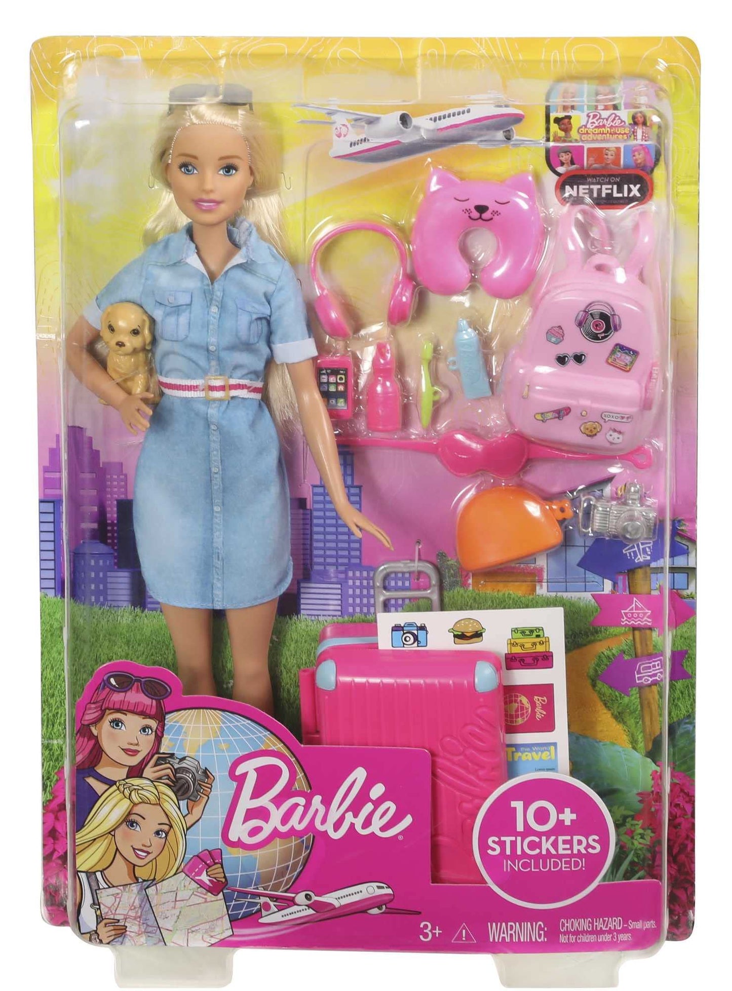 Barbie Travel Doll with blonde hair, puppy, suitcase, stickers, and accessories for imaginative play for kids ages 3 to 7.
