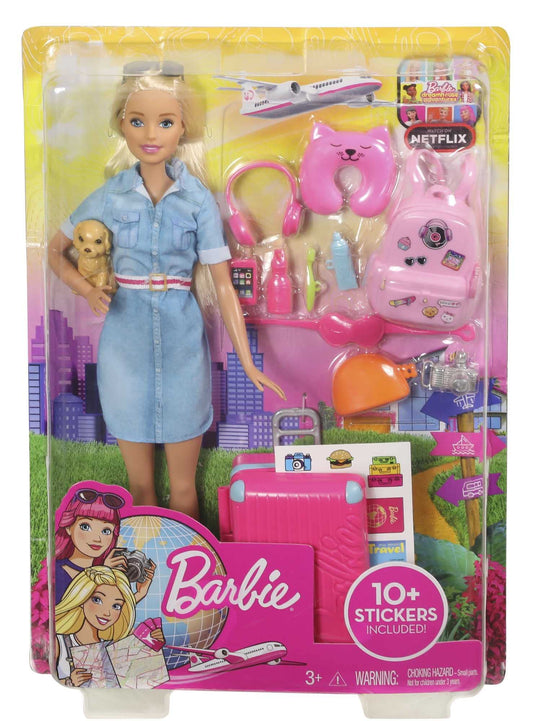 Barbie Travel Doll with blonde hair, puppy, suitcase, stickers, and accessories for imaginative play for kids ages 3 to 7.