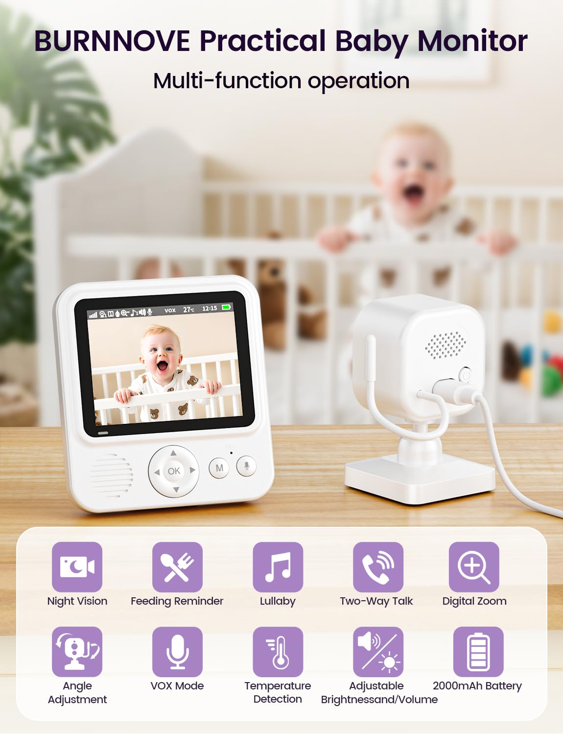 BURNNOVE baby monitor with camera, audio, night vision, 2.8" screen, 2000mAh battery, 2-way talk, and temperature sensor.
