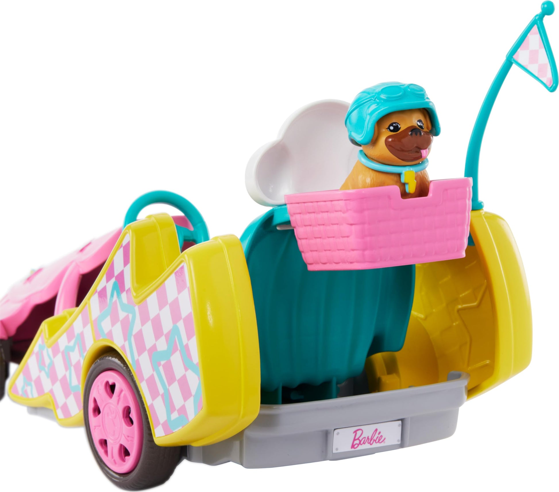 Barbie Stacie doll with go-kart, dog, accessories, and sticker sheet in a 9-piece toy set, HRM08, featuring rolling wheels.