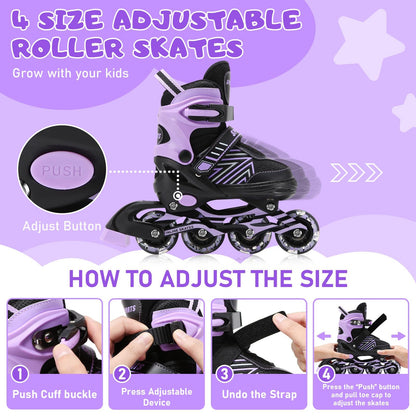 Kids adjustable inline skates for girls and boys with light-up wheels, featuring a sturdy design and suitable for beginners.