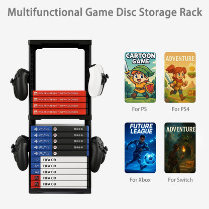 JF HOME BLISS Game Storage Tower Universal Vertical Stand Holds 24 Discs for PS5 Xbox Series X/S Switch PS4 Blu-Ray Double-Tier Organizer with Controller Hooks Space-Saving Design for Gamers