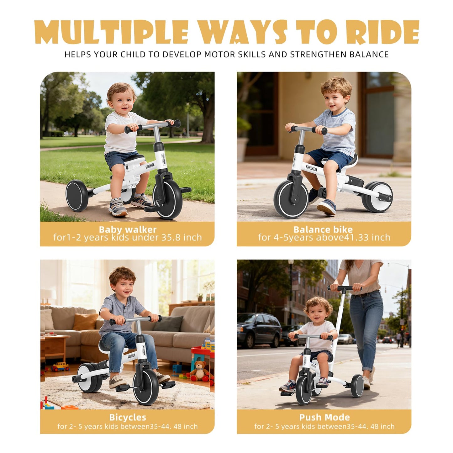 KORIMEFA Tricycle for 1-3 Years Old, 5 in 1 Balance Bike with Push Handle, Adjustable Seat, Removable Pedals, Toddler Trike for Boy & Girl, White