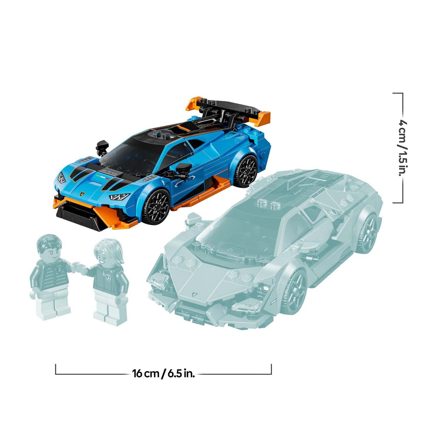 LEGO Speed Champions Lamborghini Revuelto and Huracán STO model kit with two driver minifigures and colorful race cars.