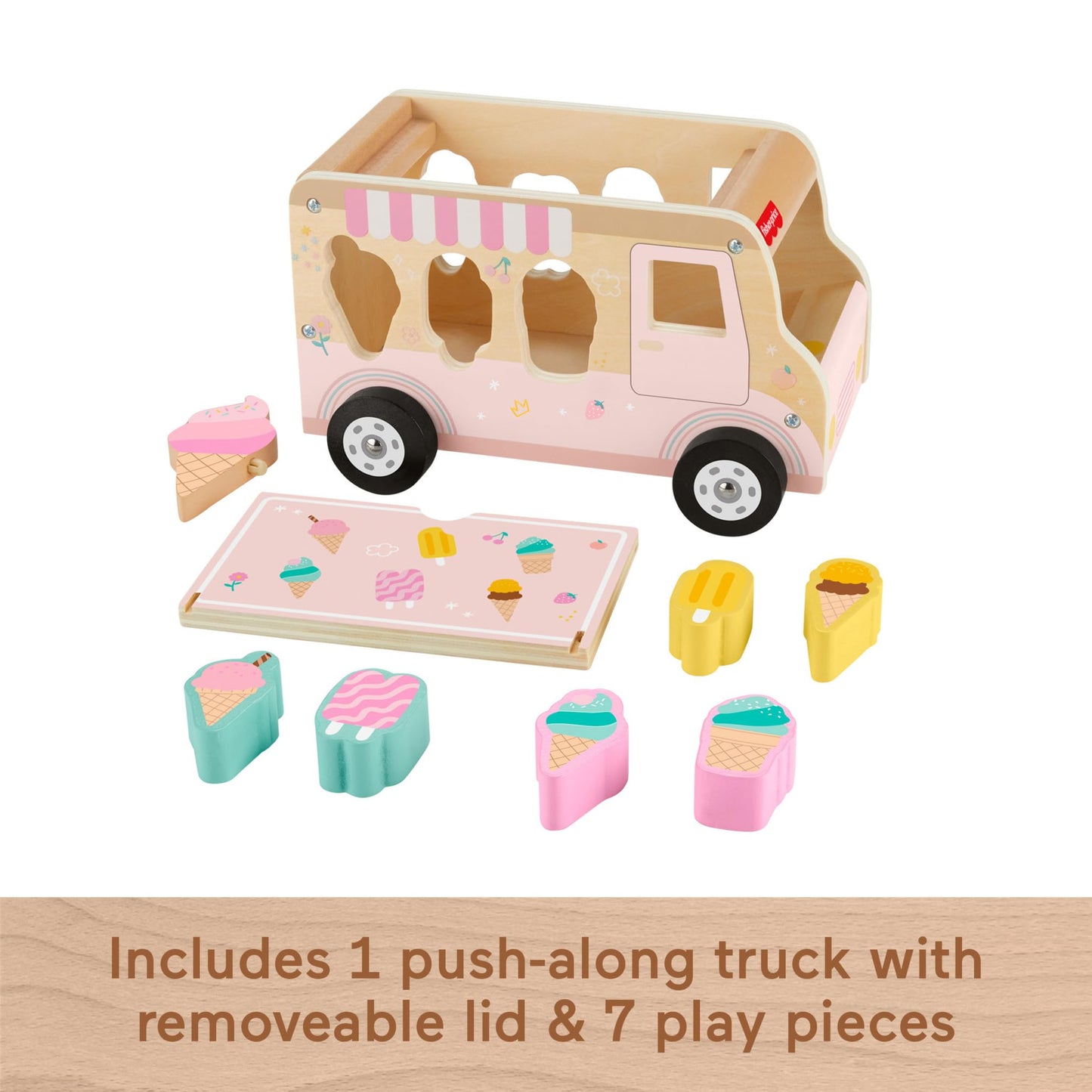 Fisher-Price Wood Toddler Ice Cream Truck Shape Sorter Set with 9 wooden pieces for developmental play for kids 18+ months.