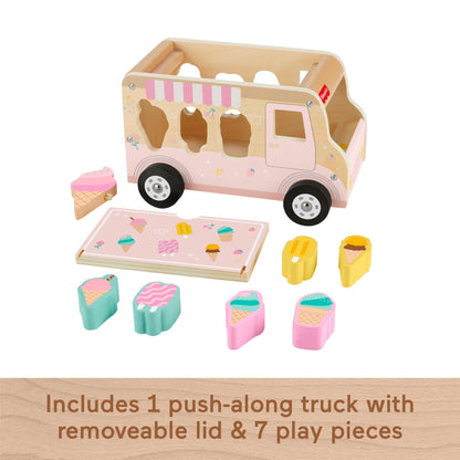 Fisher-Price Wood Toddler Ice Cream Truck Shape Sorter Set with 9 wooden pieces for developmental play for kids 18+ months.