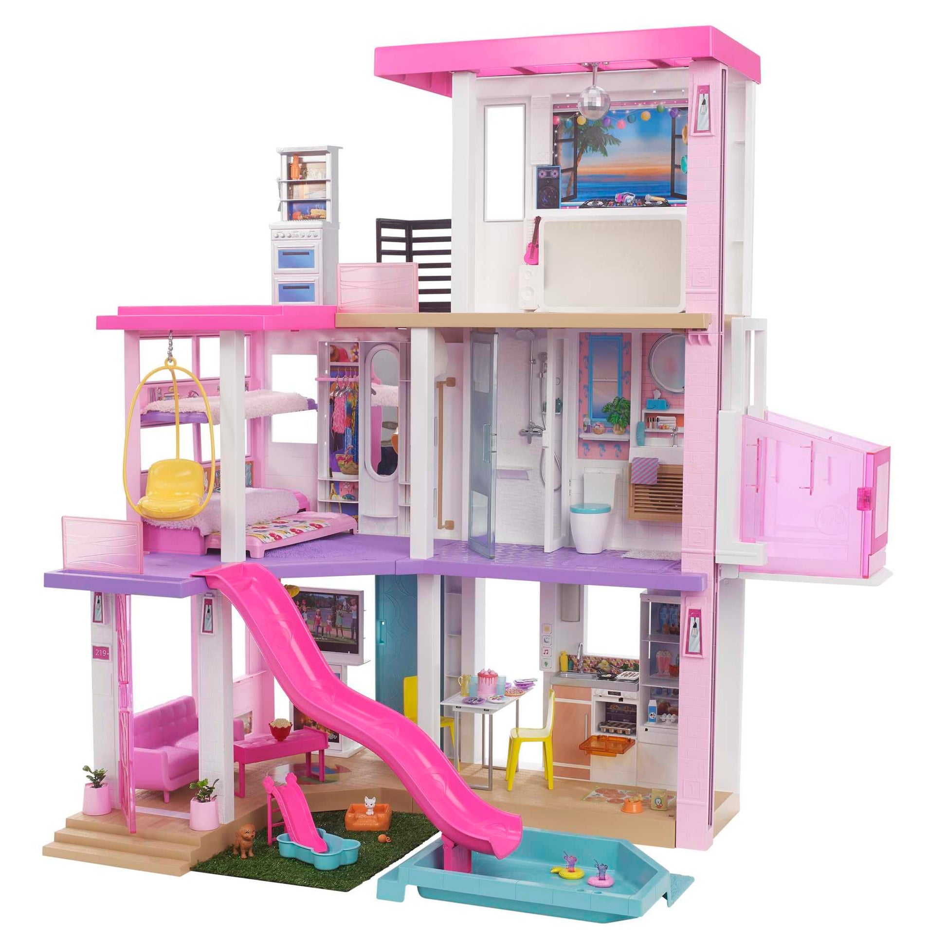 Barbie DreamHouse dollhouse with colorful rooms, wheelchair elevator, over 75 accessories, and built-in lights and music.