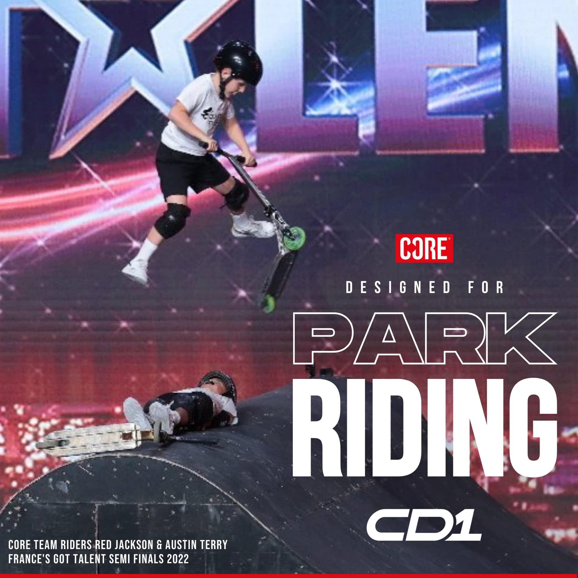 Core CD1 stunt scooter in black and red, designed for kids and beginners, featuring a freestyle design for skateparks and tricks.