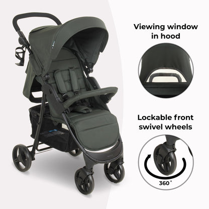 My Babiie MB30 Pushchair – from Birth to 4 Years (22kg), Easy Compact Fold, Large Shopping Basket, Adjustable Handle, Stroller Includes Cup Holder, Rain Cover – Forest Green