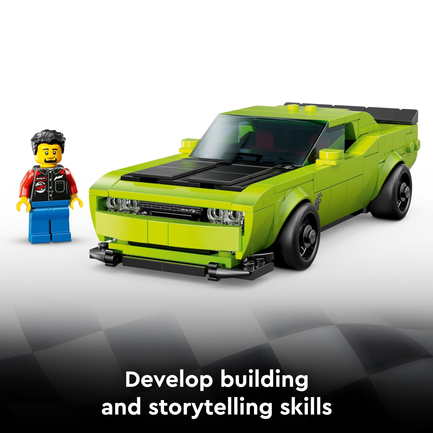 LEGO Speed Champions Dodge Challenger SRT Hellcat car model kit with driver minifigure, ideal for young builders.