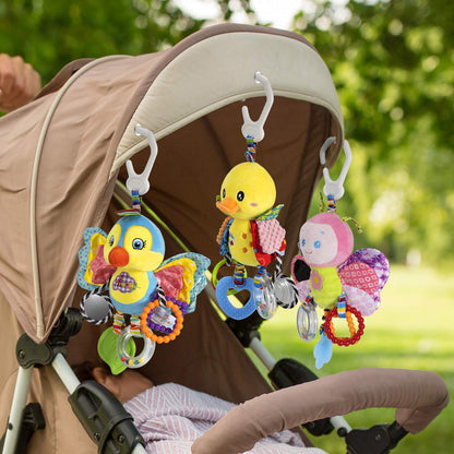 Funsland baby pram toys with hanging rattle, plush sensory activity toys for newborns and toddlers in car seats and strollers.