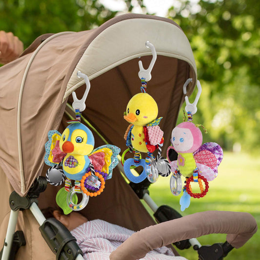 Funsland baby pram toys with hanging rattle, plush sensory activity toys for newborns and toddlers in car seats and strollers.