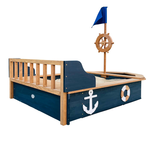 AXI Doris wooden boat-shaped sandbox with bench, storage, rotating rudder, cover, and ground cloth in 153x90x100 cm size