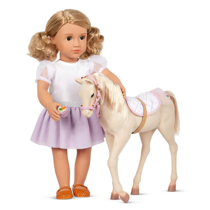 12-inch Our Generation Palomino Party Foal doll with birthday-themed treats and 5-piece accessory set displayed.
