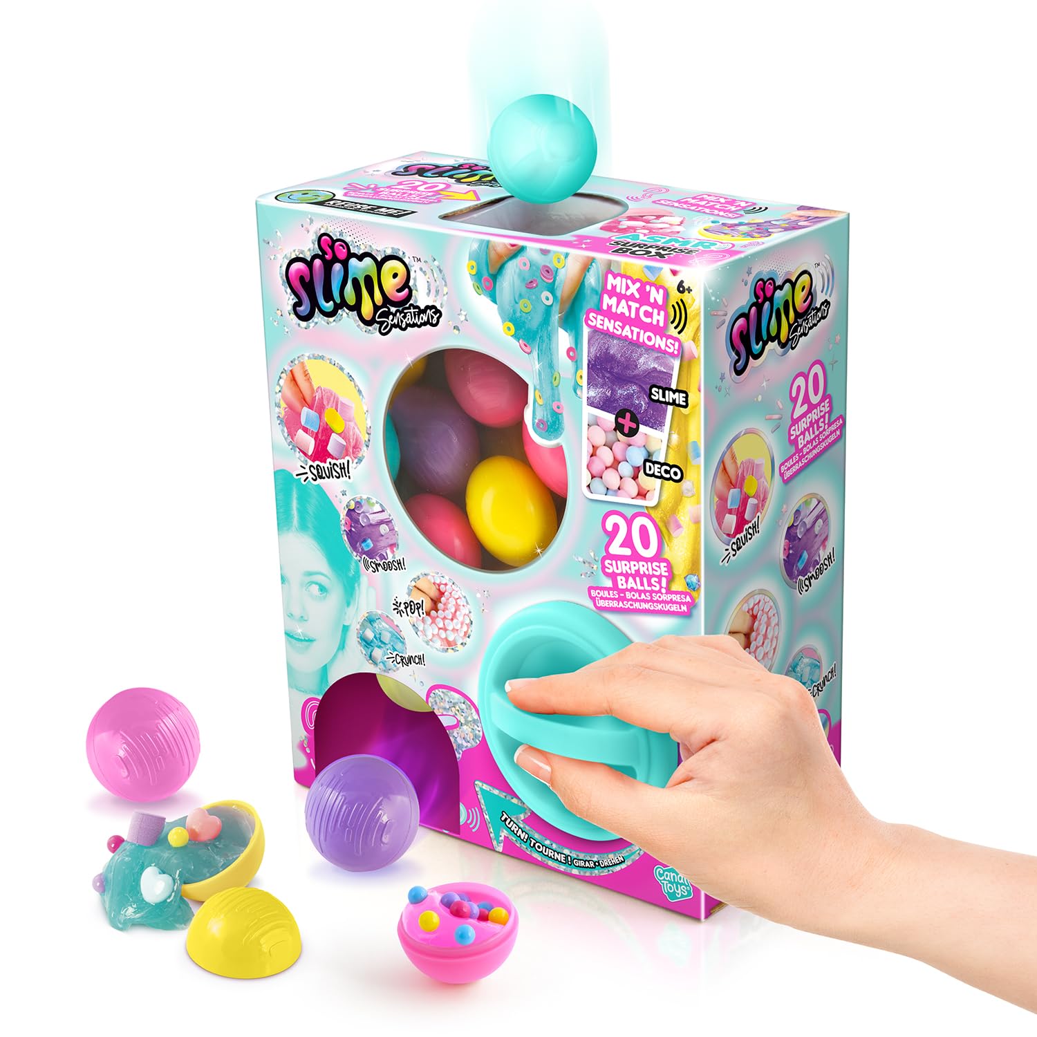 So Slime ASMR Surprise Box with 20 slime dispenser balls, decorative compounds, and vending machine for sensory fun and unboxing.