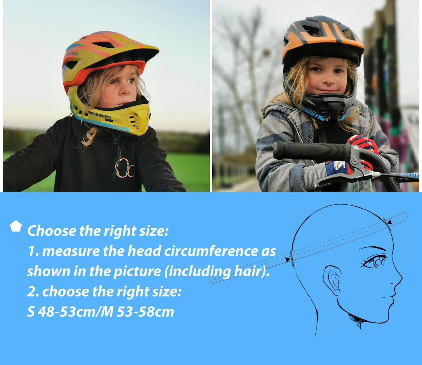 ROCKBROS Kids Full Face Bike Helmet Kids Helmet Toddler Bike Helmets Full Face Protective Safety Helmet for MTB Skateboarding Scooter Roller Skating Cycling S: 48-52 cm, M: 55-58 cm