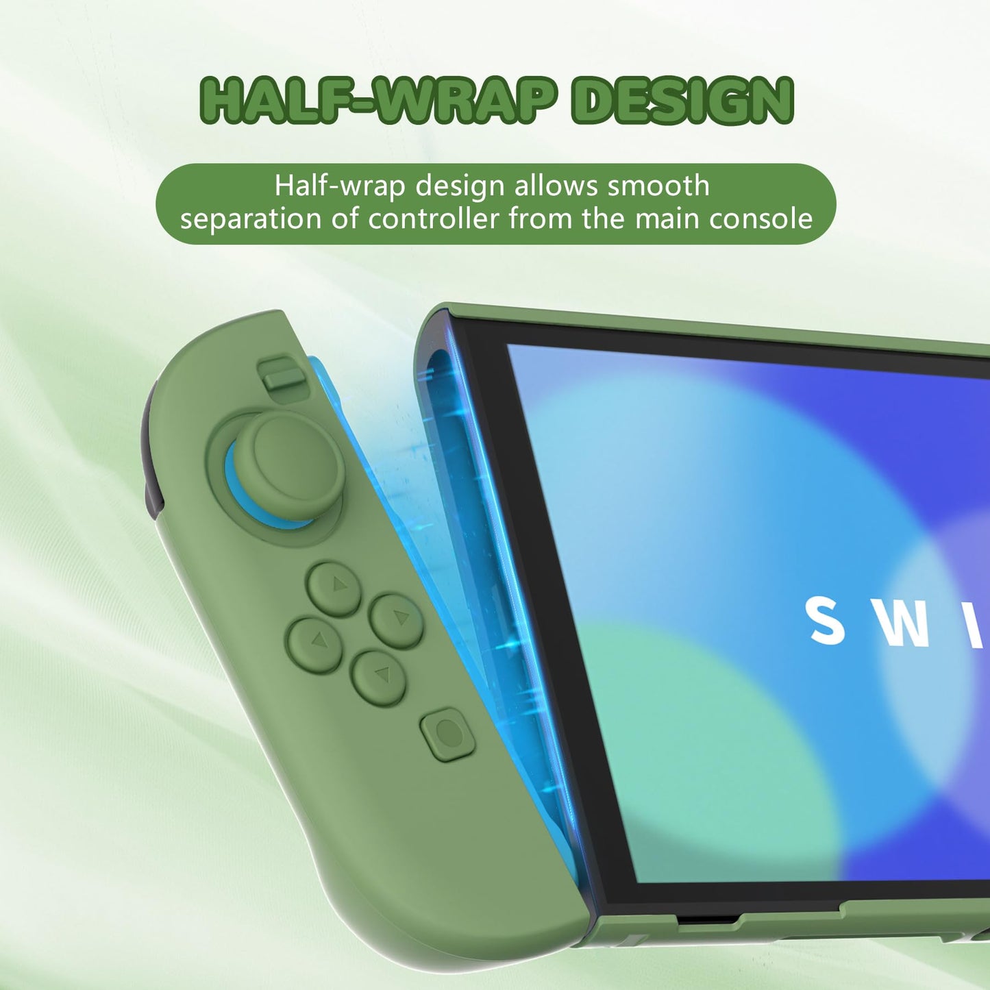 playvital solid green Nintendo Switch 2 protective case with hard shell, foldable stand, thumb grips, and dockable grip cover.