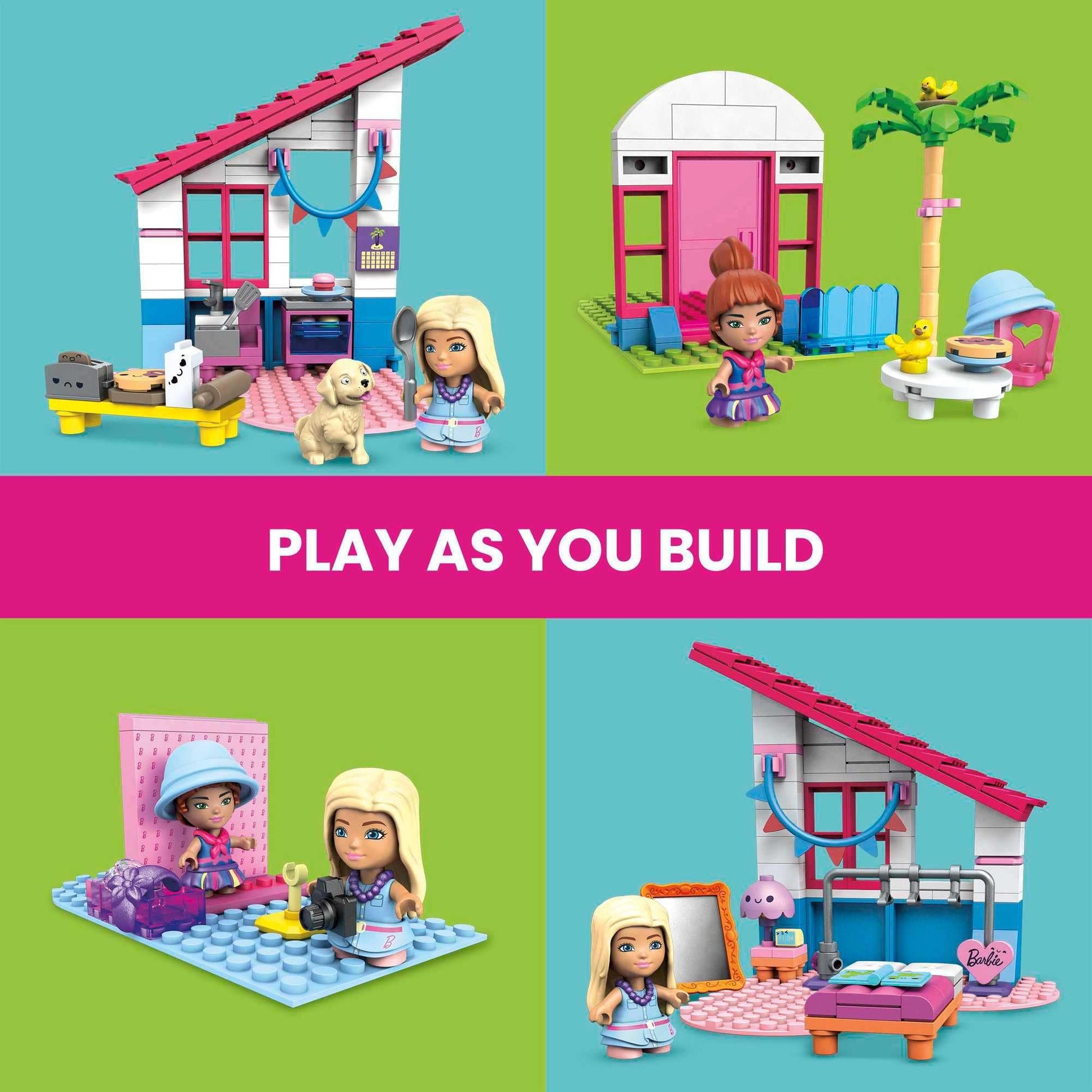 Barbie Malibu House building set with 303 bricks, accessories, and 2 micro-dolls by Mega Brands for creative play.