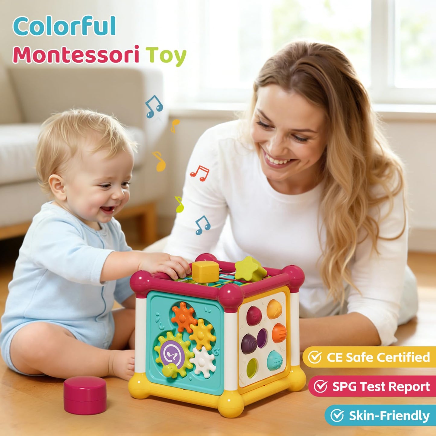 Imagibox 6-in-1 activity cube for babies featuring shape sorter, music busy board, pop-up bubbles, and sensory play for ages 6-12 months.