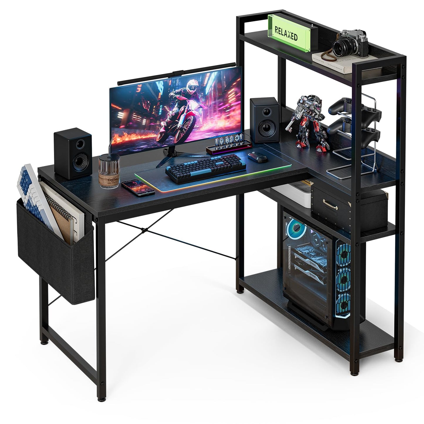 Grandder 100x80 cm L Shaped Gaming Desk with Reversible Storage Shelves, Computer Desk Home Office Corner Study Writing Table with Hutch, Study, Black