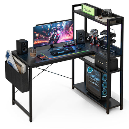 Grandder 100x80 cm L Shaped Gaming Desk with Reversible Storage Shelves, Computer Desk Home Office Corner Study Writing Table with Hutch, Study, Black