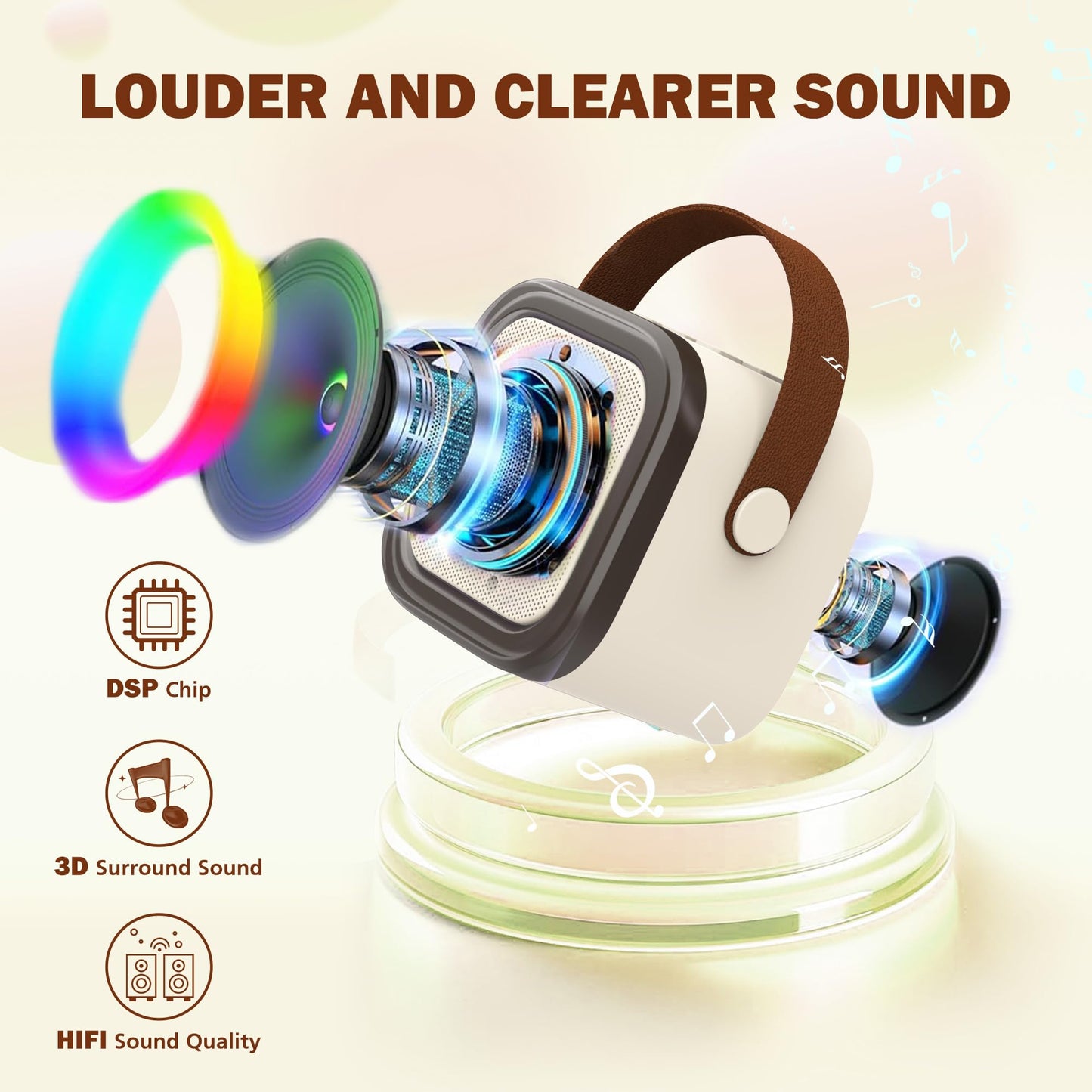 Koolcover mini karaoke machine for kids and adults with portable Bluetooth speaker and two wireless microphones, beige color.