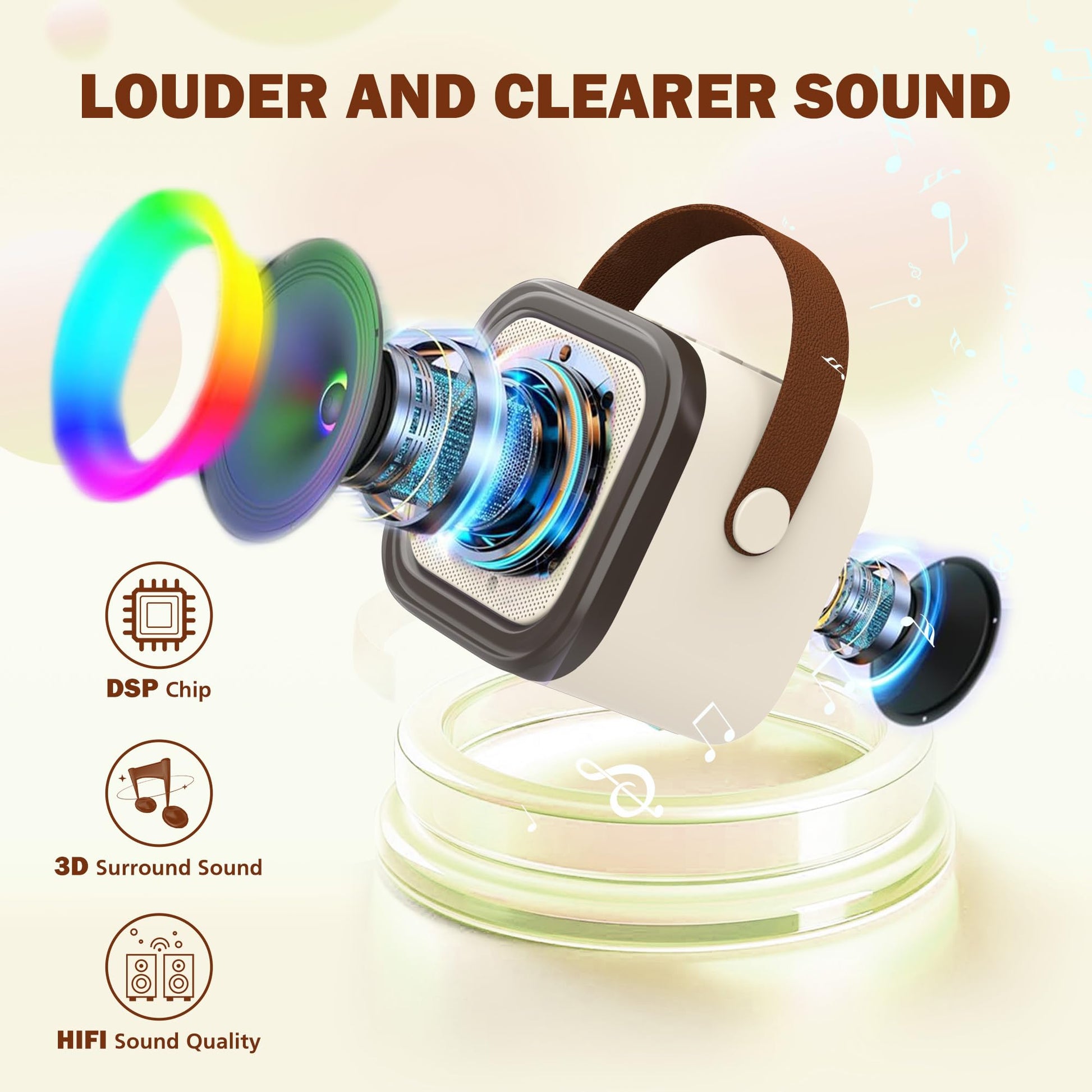 Koolcover mini karaoke machine for kids and adults with portable Bluetooth speaker and two wireless microphones, beige color.