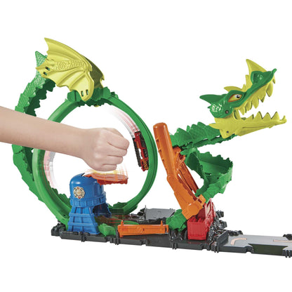 Hot Wheels City Dragon Drive Firefight Playset, Defeat the Dragon with Stunts, Connects to Other Sets, Includes 1 Hot Wheels Toy Car, Gift for Kids 3 to 8 Years Old, HJV70