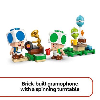 LEGO Super Mario Party at Toad's House set featuring Mario and Toad figures, kitchen, bedroom, and picnic table for kids 7+.