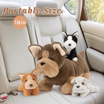 MorisMos Giant 45cm Dog Soft Toy with 3 Cuddly Puppies Baby Inside, Big Fluffly French Bulldog Plush, Realistic Kawaii Dog Teddy Gift for Kids Birthday Christmas Deco